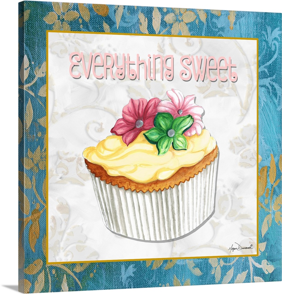 A square panel featuring a cupcake decorated with three flowers and vanilla frosting.