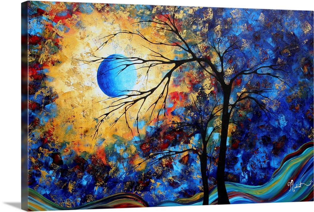 Horizontal, large contemporary painting of the moon brightly lighting the night sky in patches of color.  Two bare tree si...