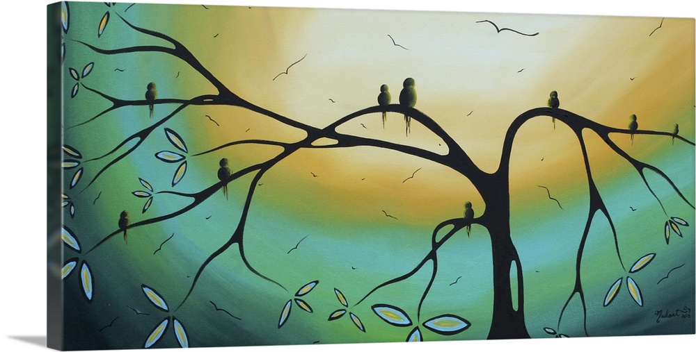 Painting on canvas of birds sitting the branches of a tree silohuetted against a bright sky.