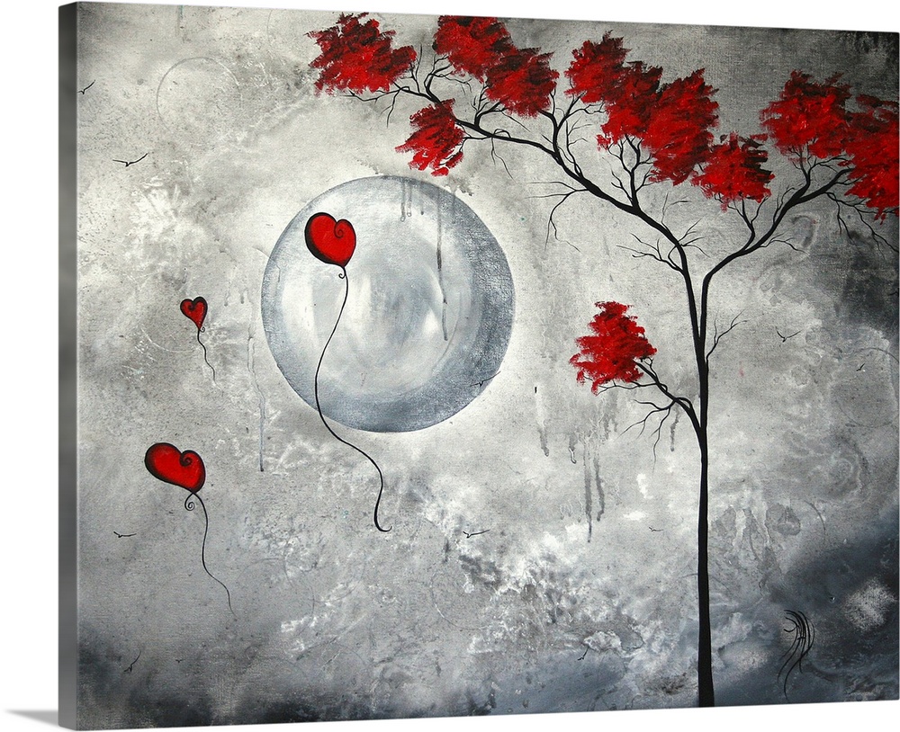 Contemporary black and white painting of a tree with accents of red for it's leaves and heart shaped balloons flying in th...