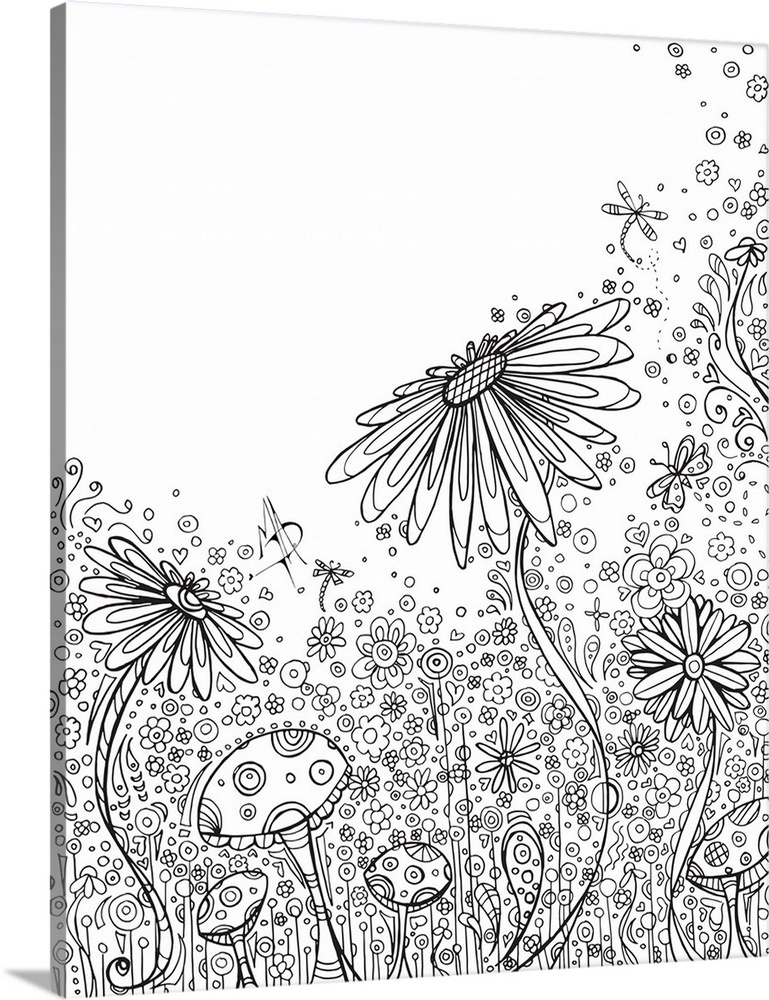Black and white line art of a garden with several different flowers and mushrooms.