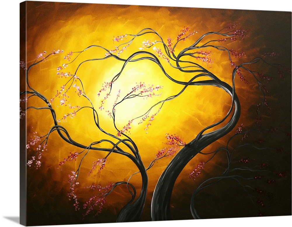 Bright, rich, and colorful contemporary abstract painting of twisted trees with branching winding into a curved position. ...