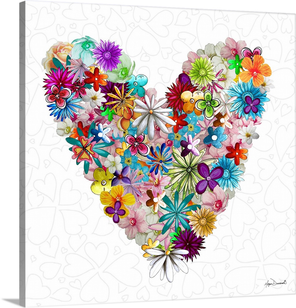 Illustration of several flowers in different colors making up a large heart.