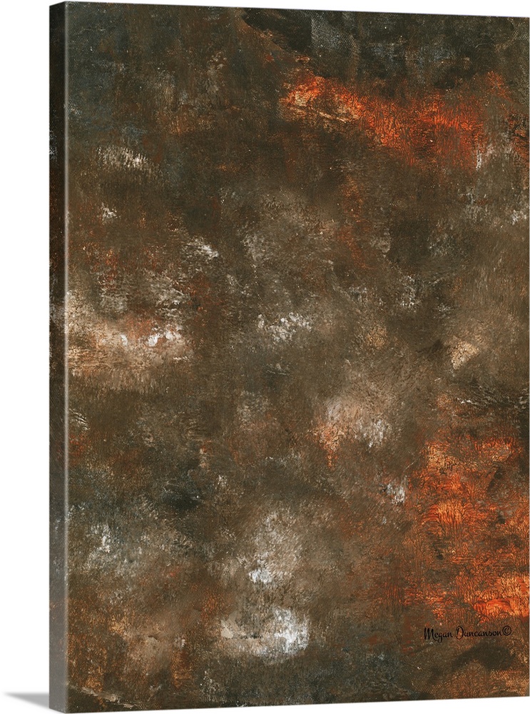 A contemporary abstract painting that is full of texture and dark hues. There are pops of orange and white throughout to b...