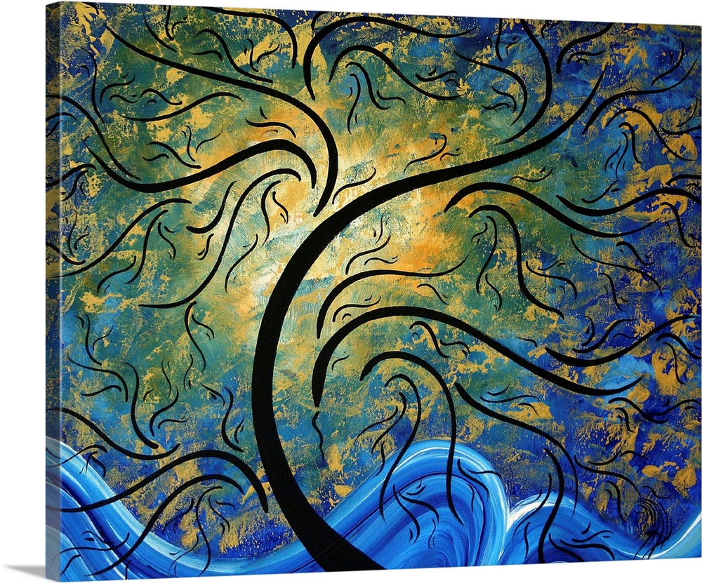 Abstract artwork of a tree that has golden leaves and the sun just behind it. A wave of blue is painted at the bottom.
