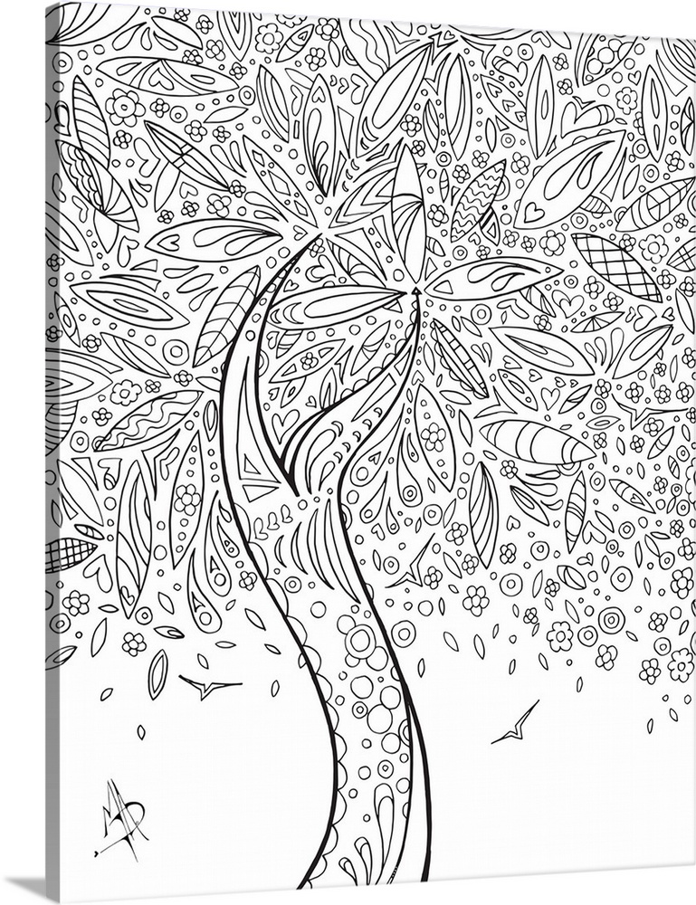 Black and white line art of a graceful  tree with leafy branches and blossoms.