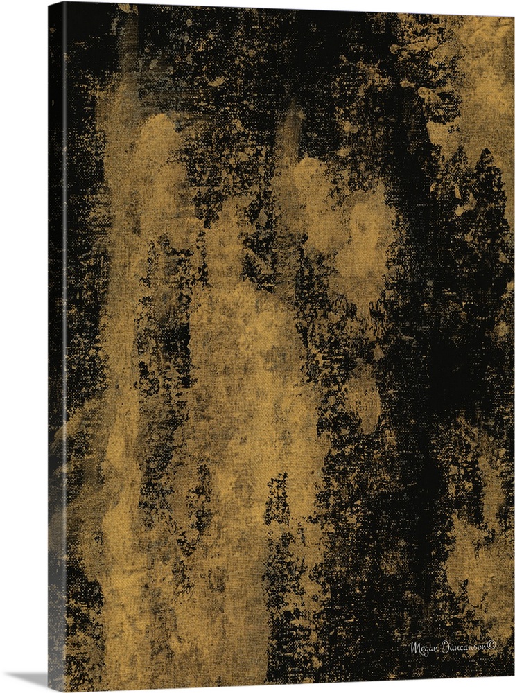A contemporary abstract painting that has a deep gold background and a black overlay.