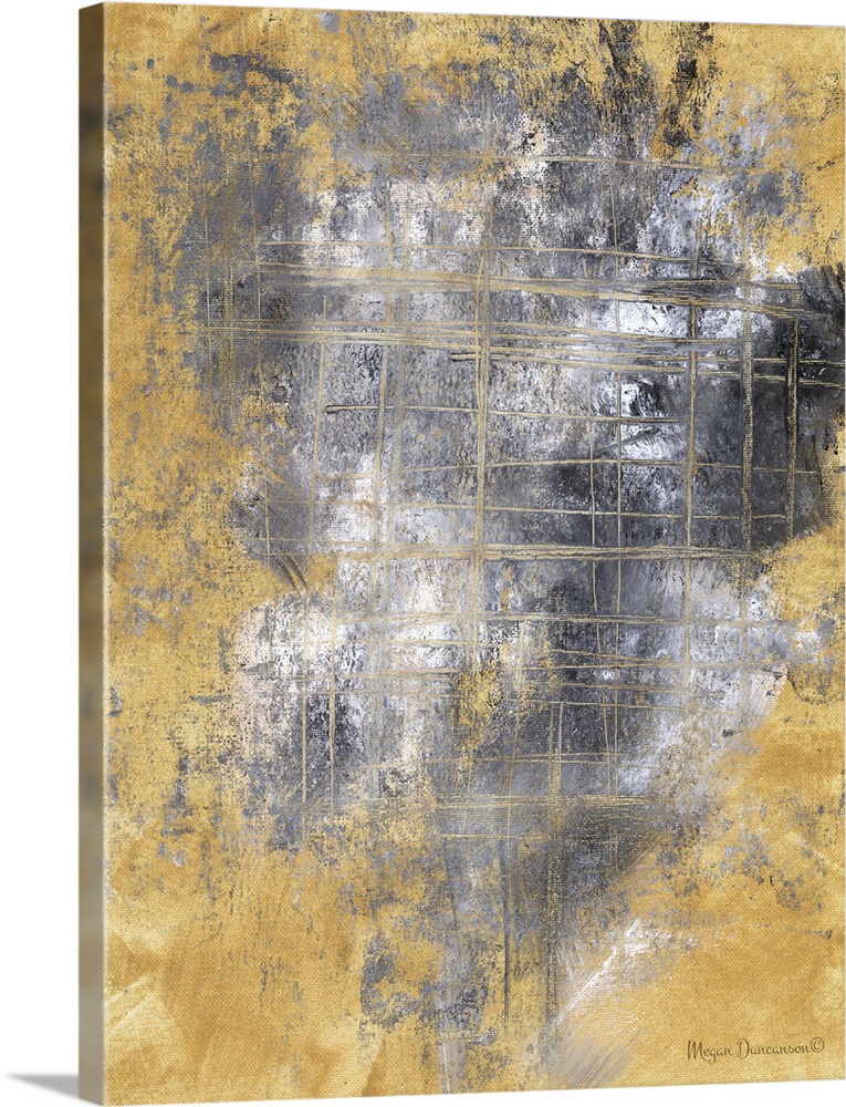 A contemporary abstract painting that has a gold background and gray, black and white hues on top. There are lines going h...
