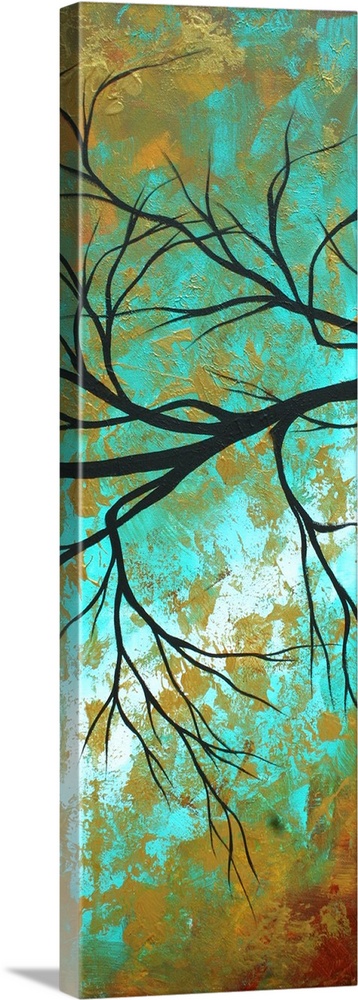Vertical panoramic painting of silhouetted tree branches with abstract background.
