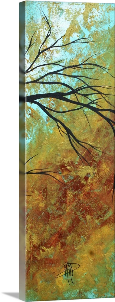 Vertical contemporary painting on a large canvas of thin tree branches bending slightly downward, surrounded by rough, blo...