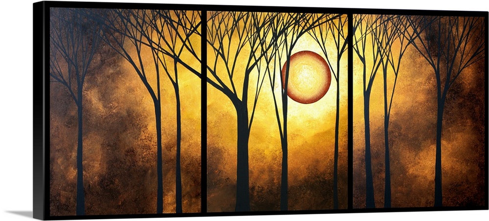 A piece of contemporary artwork that has silhouettes of trees in front of a bright golden sun and background.
