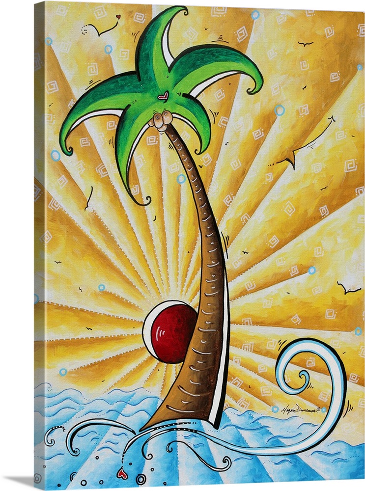 Contemporary painting of a palm tree standing in the ocean with a golden sun behind.