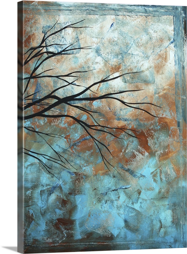 Contemporary abstract painting of tree limbs with leaves against a bright sky.