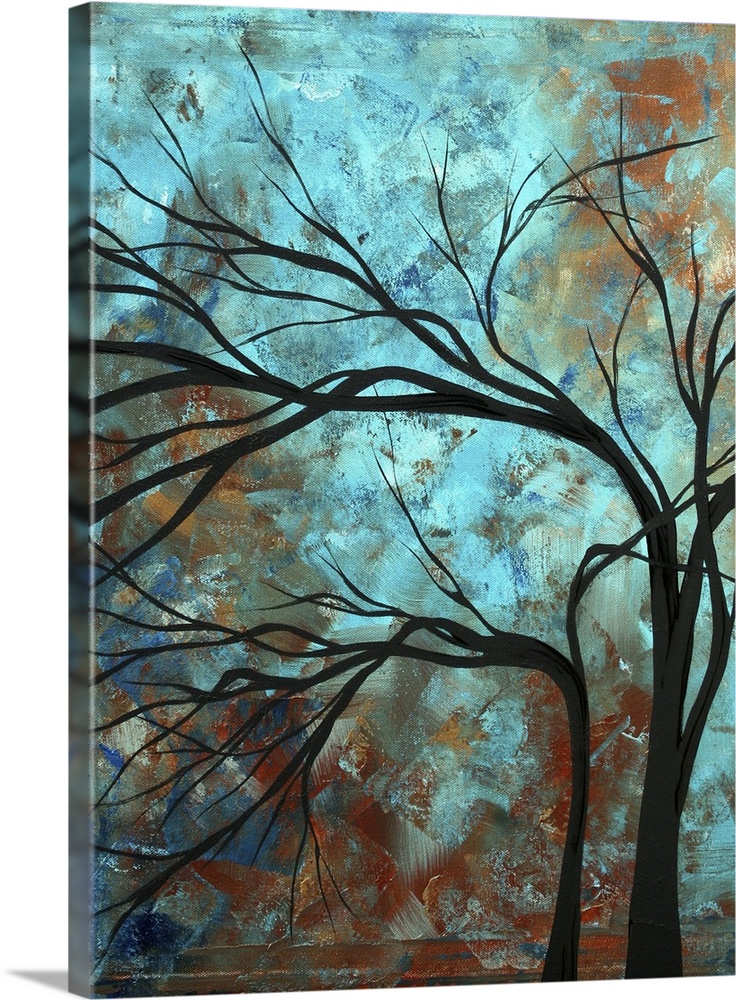 A vertical painting of a textured painted background with a silhouette of a leafless tree layered on top.
