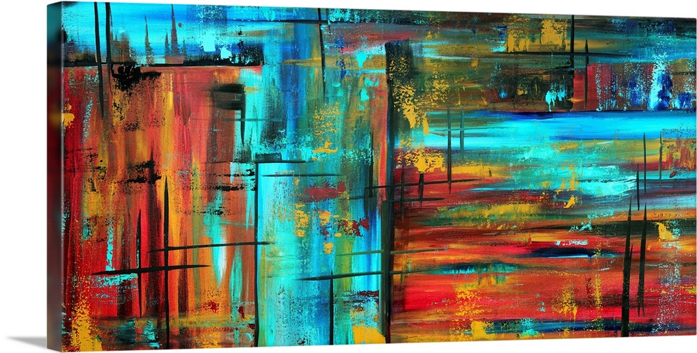 This is a horizontal contemporary painting of neon colors and dark streaks creating a wild and abstract composition.
