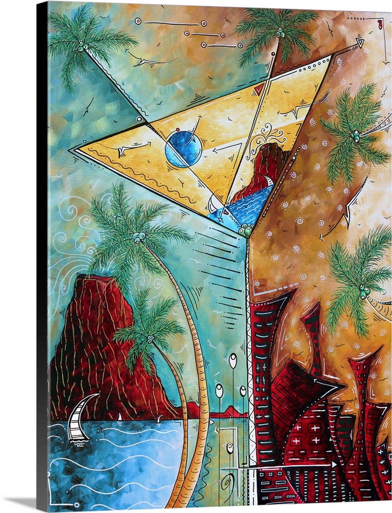 Contemporary painting of a tropical island scene on the left and an urban scene on the right, with a tall martini glass in...