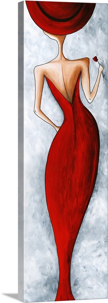 Painting of a woman in an elegant red evening dress, seen from the back.