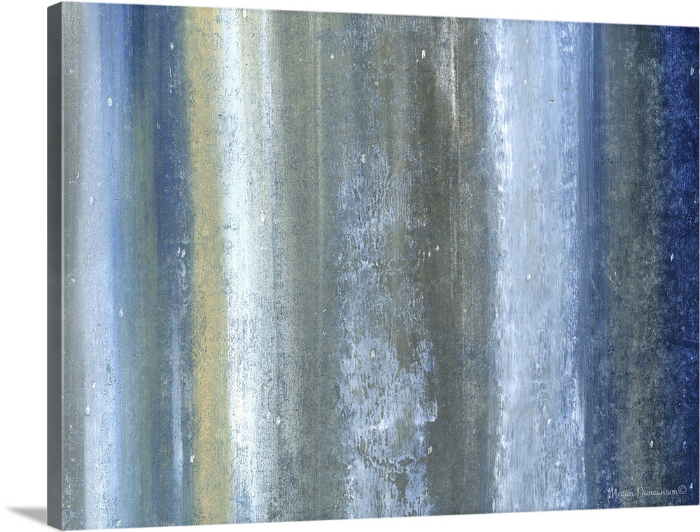A contemporary abstract painting that has vertical lines of different shades of blue, green, white, and gray with white sp...