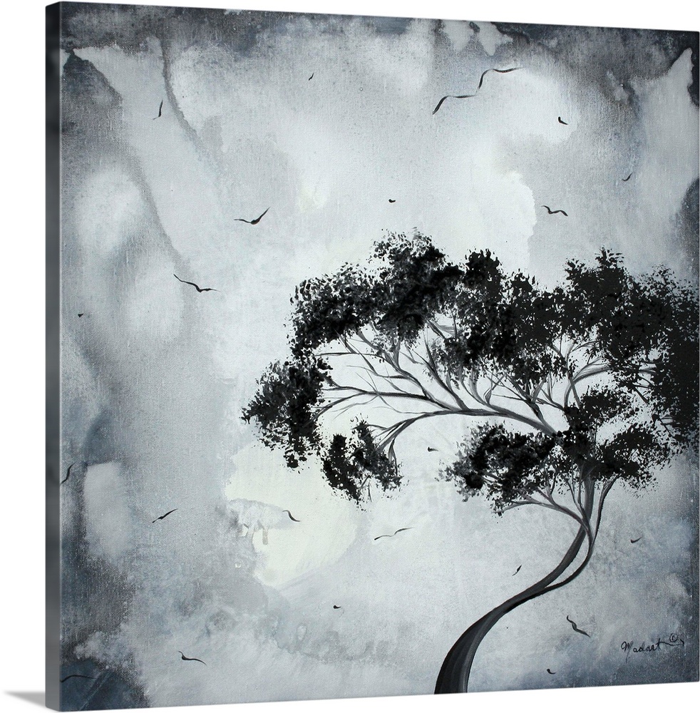 Painting of a lone bending tree on a menacing grey background with small birds flying around the tree.