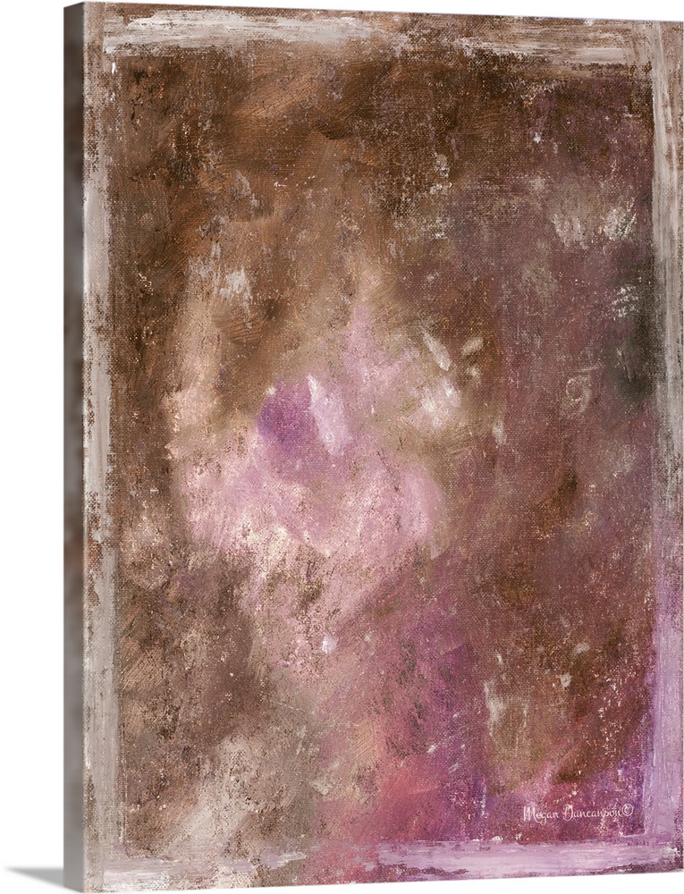 A contemporary abstract painting that has a brown and grey undertone with bright pinks, purples, and whites spread around ...