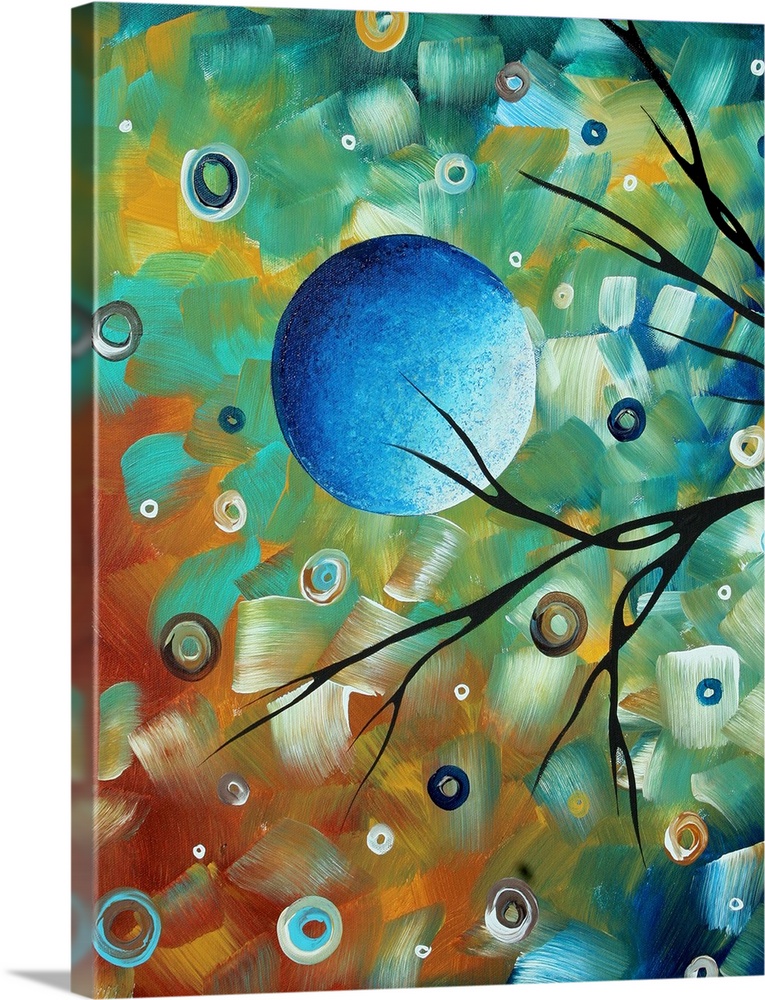 Contemporary abstract image of the moon and tree branch silhouettes.  The background is colorful, consisting of circles an...
