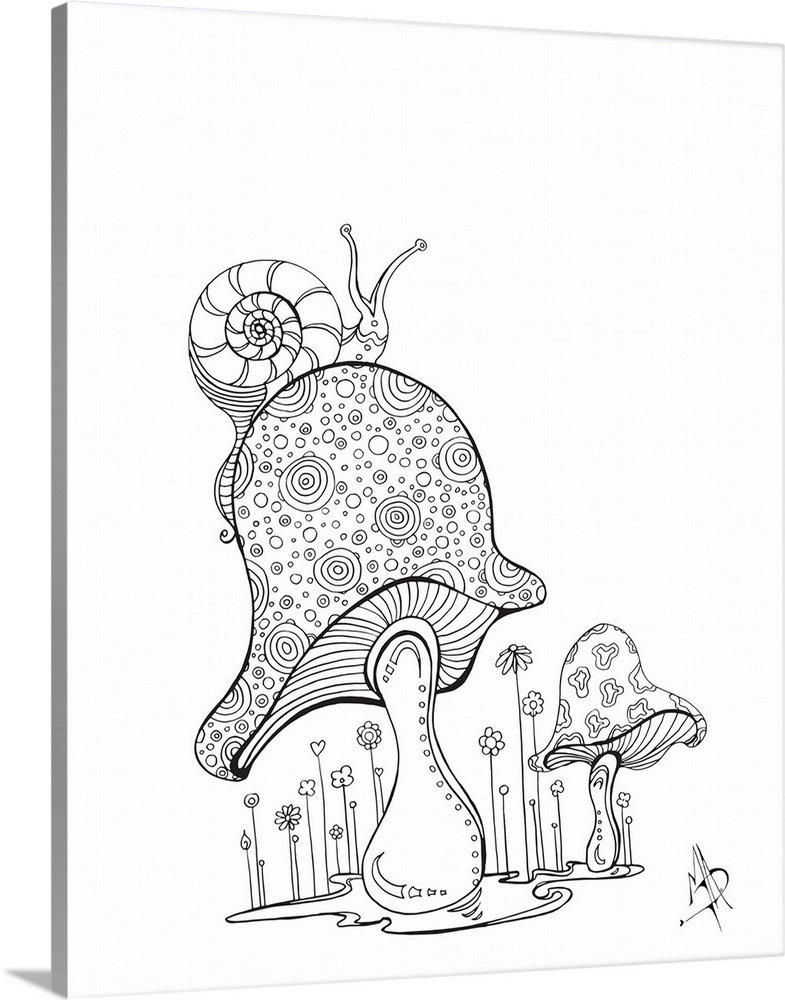Black and white line art of a snail crawling on top of a mushroom.