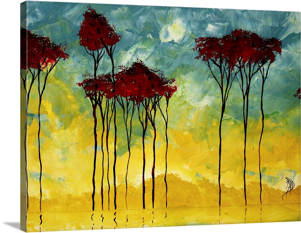Large painting of a row of trees reflecting off a pond. Mix of cool and vibrant tones.