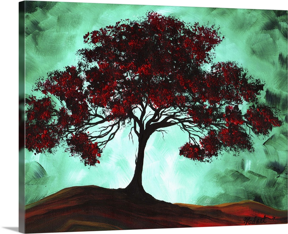Contemporary painting of a large tree that has red leaves and a glowing green background to contrast the darkness.