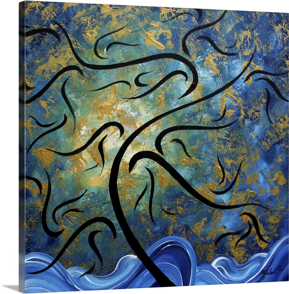 Contemporary abstract art of ocean waves and a leaf filled sky blowing in the breeze.