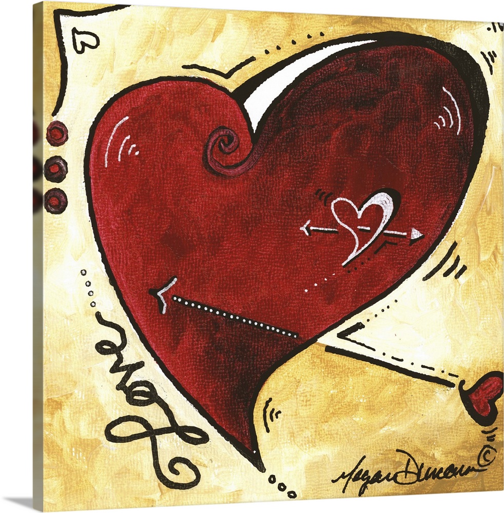 Contemporary painting of a heart with an arrow through it against an earth toned background.