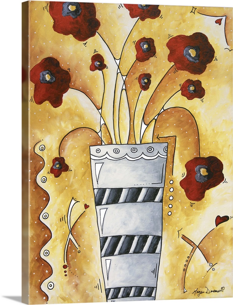 Contemporary painting of poppy flowers in a gray vase with dark stripes.
