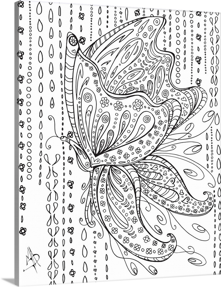 Black and white line art of a butterfly with large, patterned wings, surrounded by raindrops.
