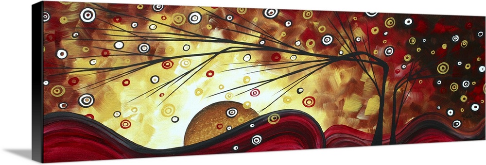 Contemporary abstract panoramic artwork of tree silhouettes surrounded by multicolored circles varying in size.