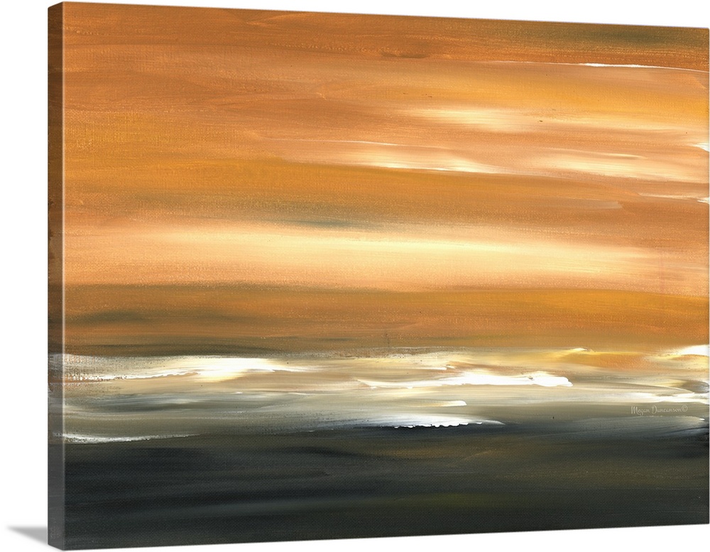 A contemporary abstract featuring golden toned orange and yellow hues at the top and dark grays, blacks, and hints of gree...