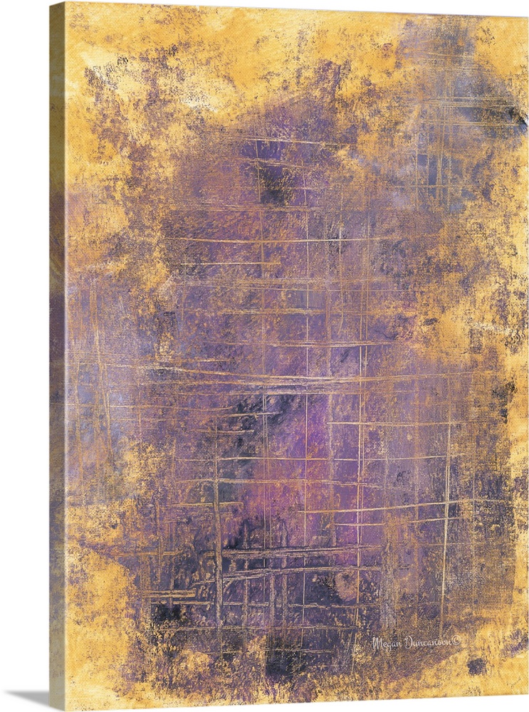 A contemporary abstract painting that has a gold background with different shades of purple hues on top with small hints o...