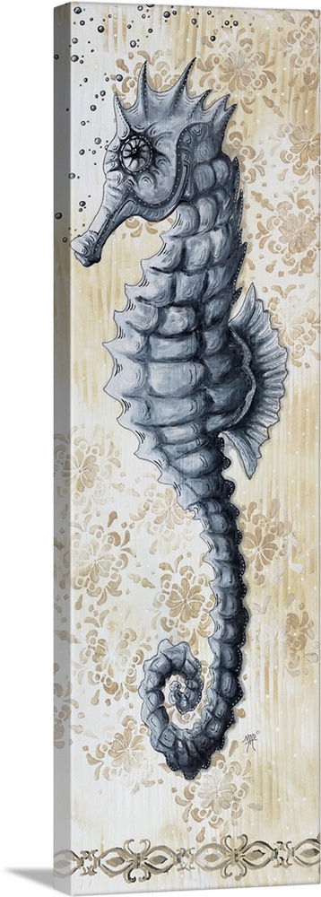 Vertical painting of a seahorse on a floral background.