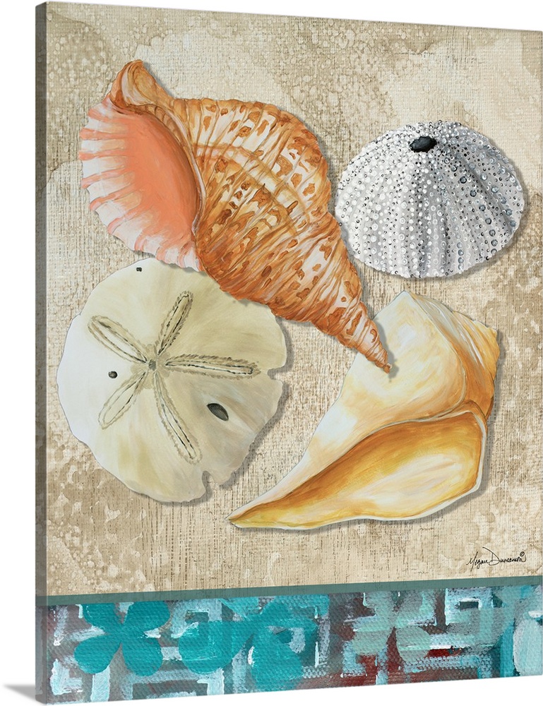 Painting of a collection of four seashells on the sand, including a sea urchin and sand dollar.
