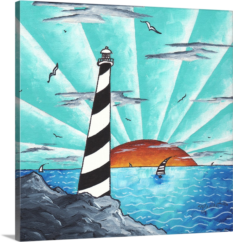 Contemporary painting, of a black and white spiral lighthouse overlooking a sun setting over the sea.