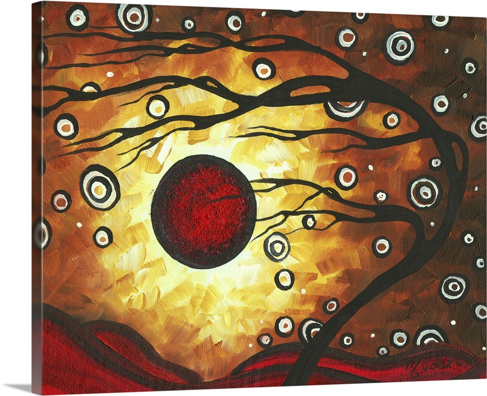Abstract painting of a tree with no leaves with rolling hills, the moon and stars in the distance