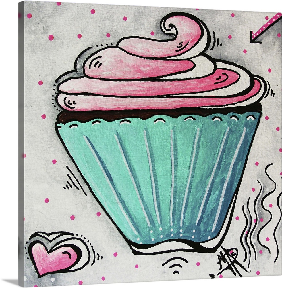Cute contemporary painting of a cupcake with bright pink frosting and a turquoise cup.