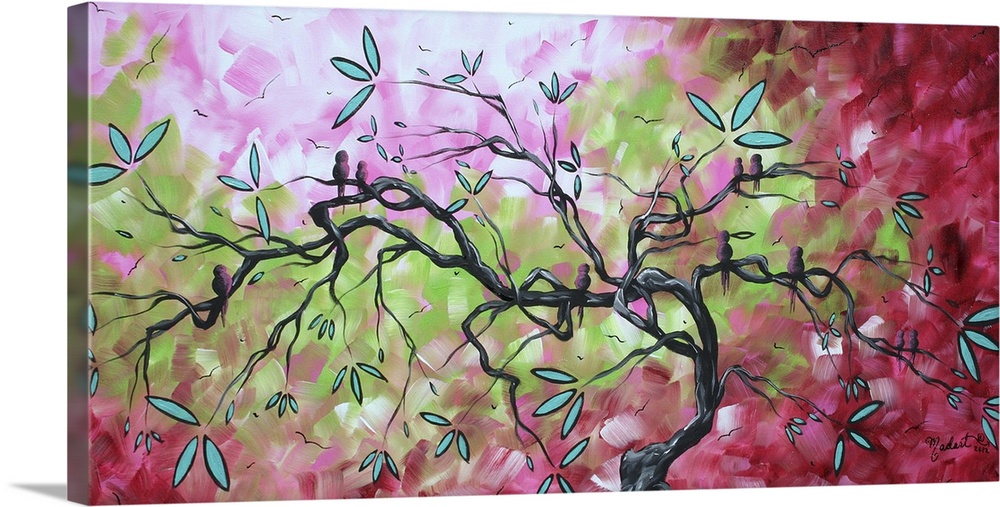 Panoramic painting of branched tree with leaves and abstract background.
