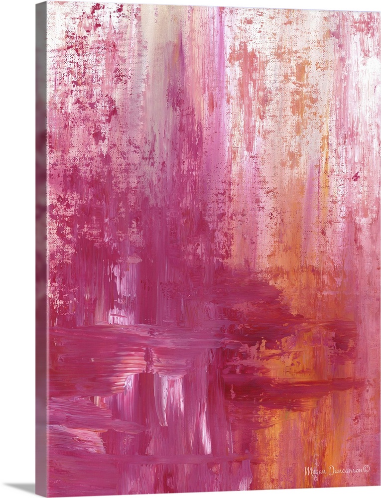 A fun and bright contemporary abstract painting with a variety of heavy pink hues mixed with a bit of orange and white.