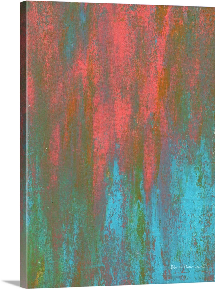 A bright contemporary abstract painting that has beautiful tones of pink, orange, blue, and green intertwined together to ...