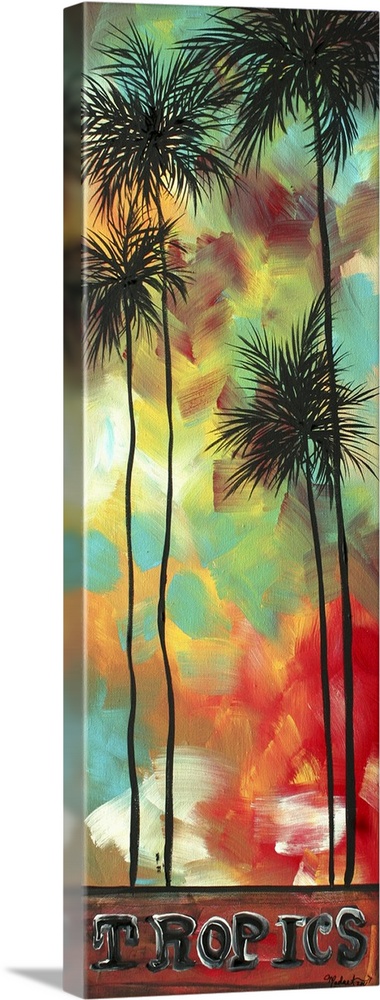Decorative tropical palm tree painting with bold colors creating contrast against the black silhouette of the palms. ?The ...