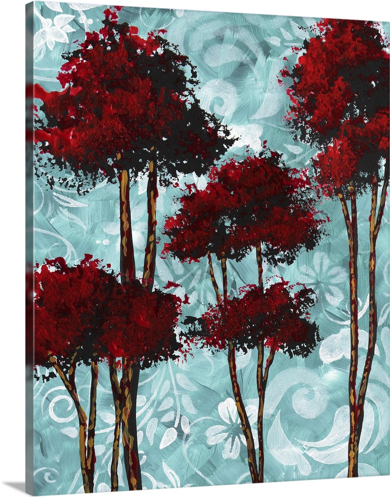 Turquoise Florals I Red Trees