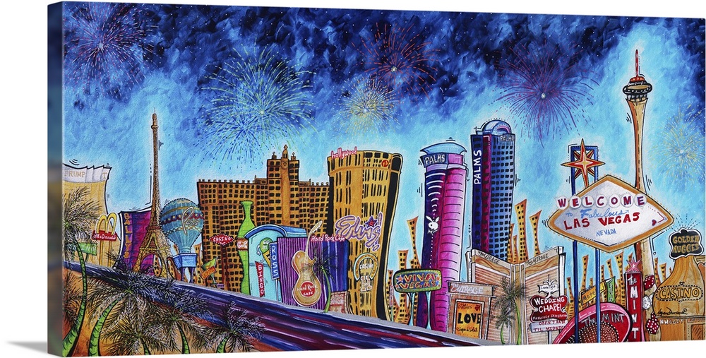 Contemporary painting of the Las Vegas city skyline.