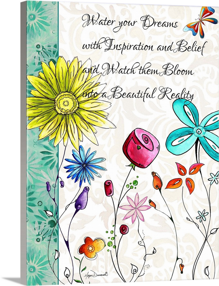 Illustration of several colorful flowers in full bloom with an inspirational quote.