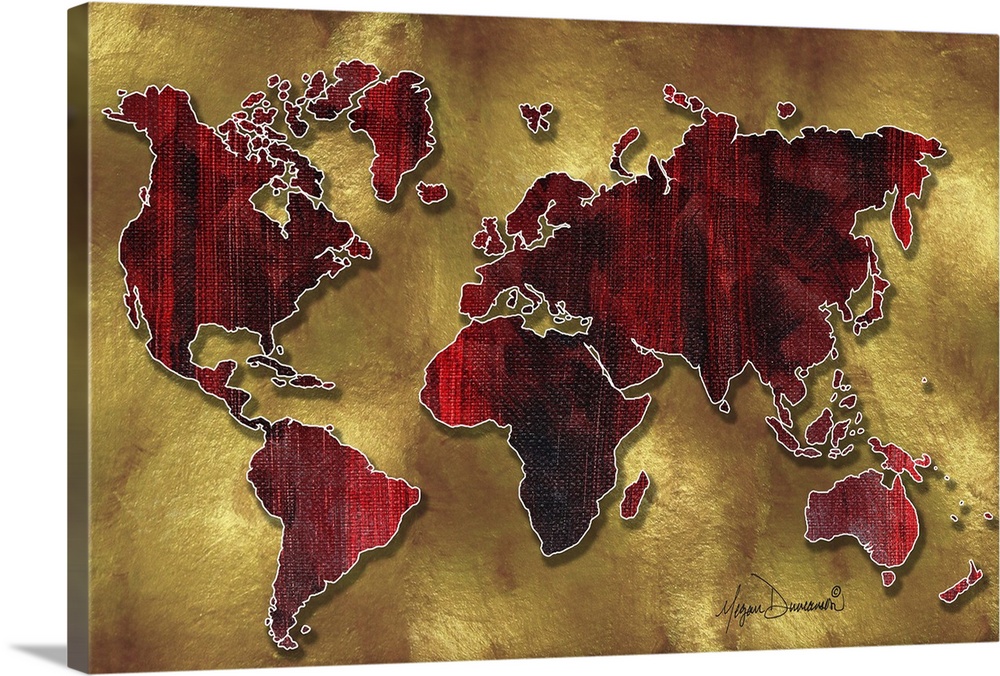 Contemporary painting of a world map in red tones against an earth toned background.