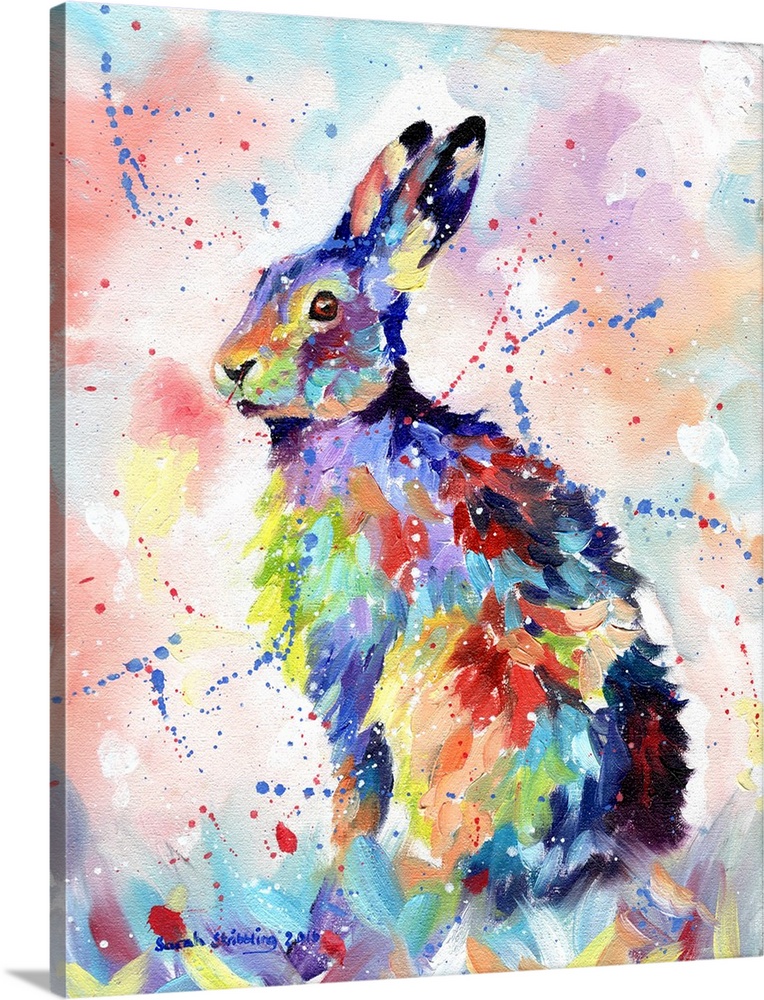 Multicolored painting of an alert hare.