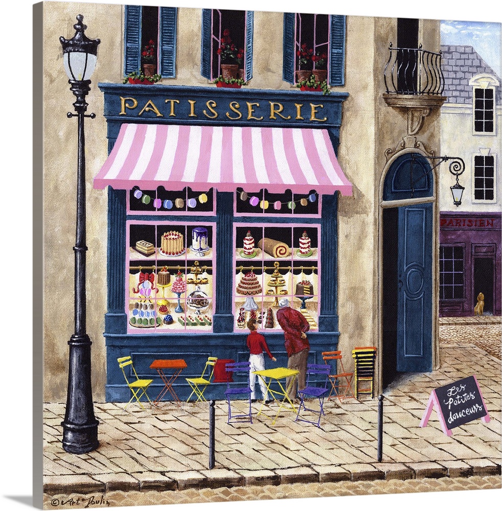 Painting of a Parisian bakery storefront.